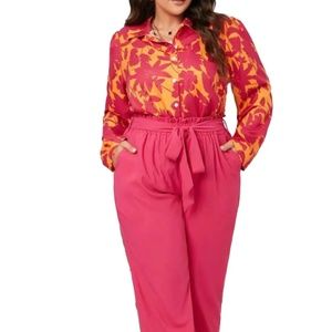 Women plus size 3XL(18) floral print shirt and paper bag waist belted pant set